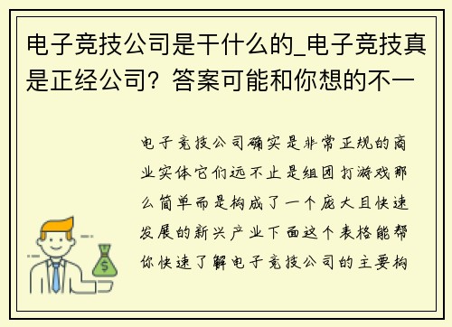 电子竞技公司是干什么的_电子竞技真是正经公司？答案可能和你想的不一样